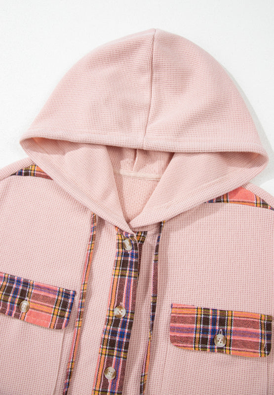 Waffle Knit Plaid Patchwork Hooded Shacket