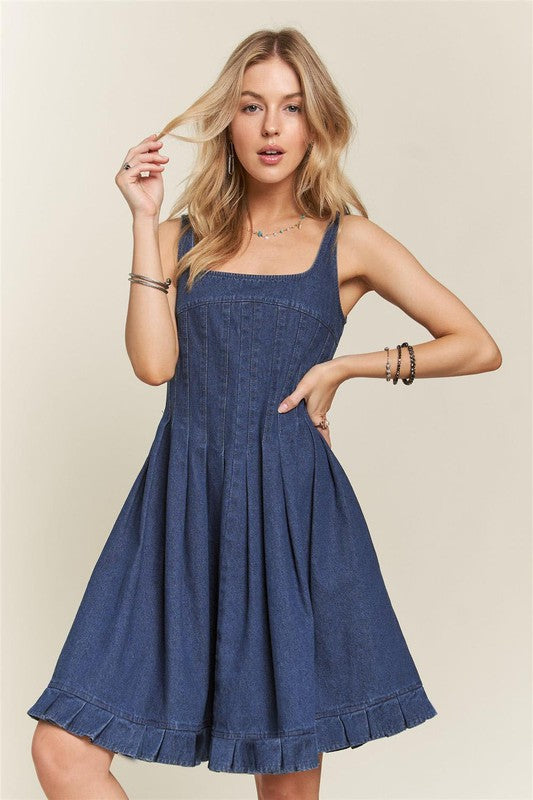 Smocked Back Square Neck Denim Dress