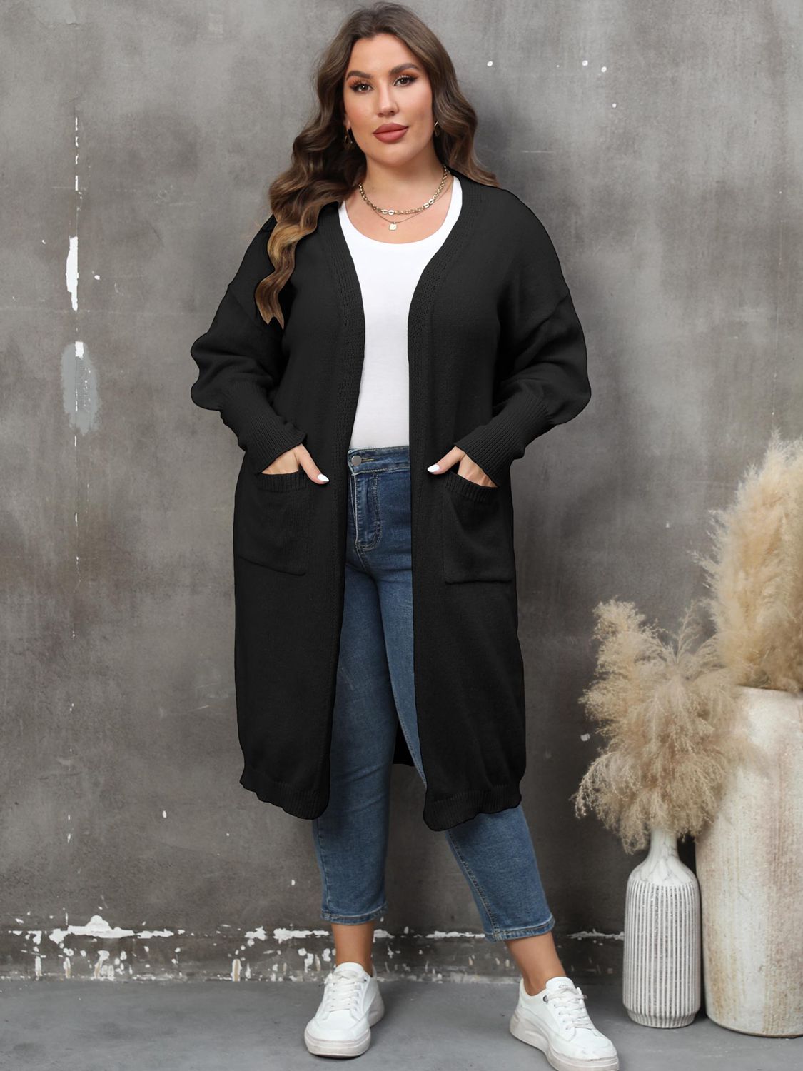 Plus Size Pocketed Cardigan