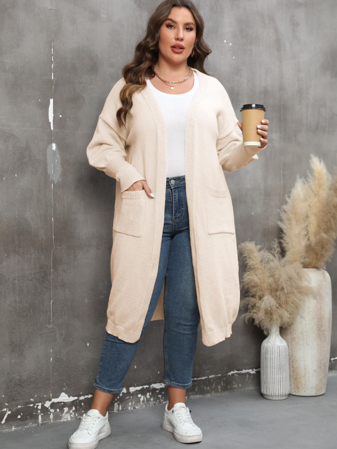 Plus Size Pocketed Cardigan