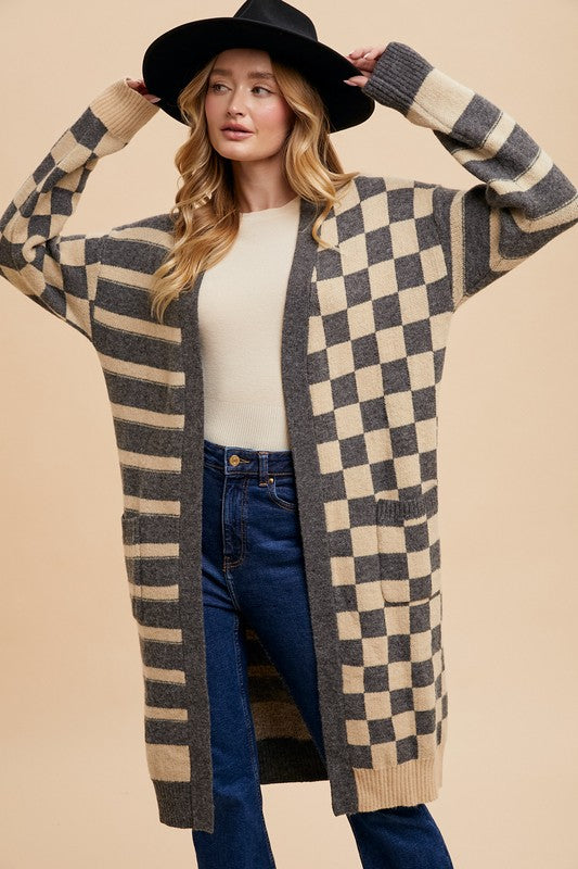 Checkered & Striped  Long Sleeve Cardigan