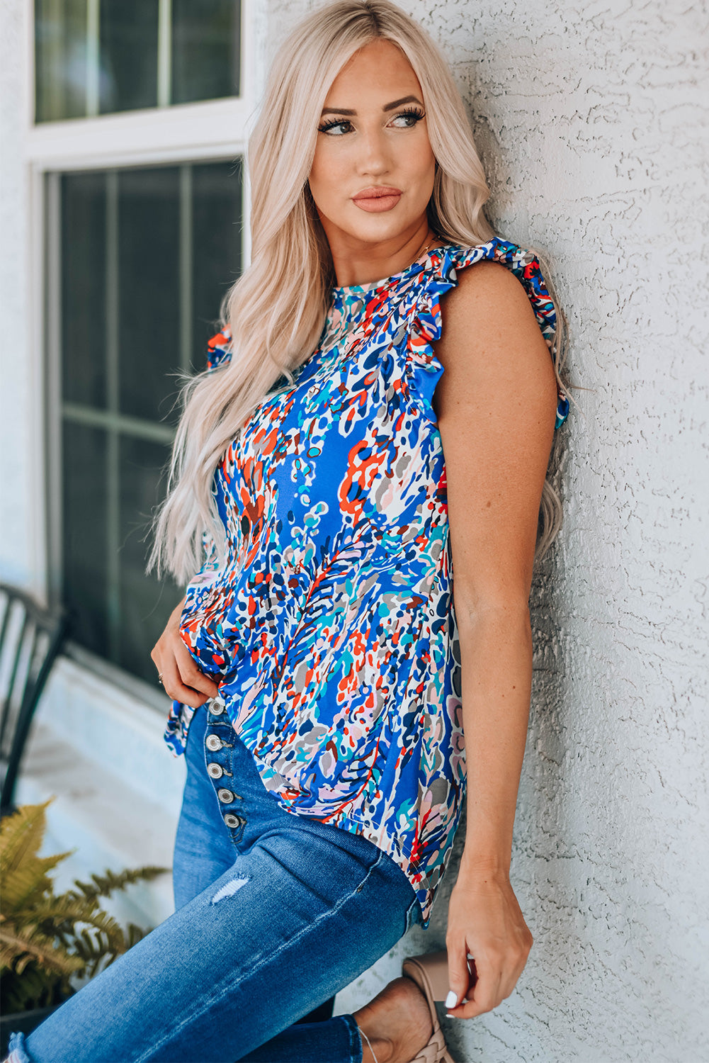 Abstract Ruffle Shoulder Top