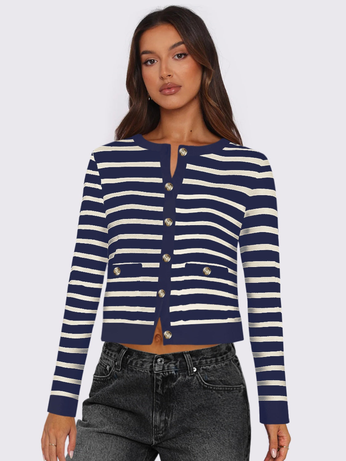 Striped Round Neck Button Up Cardigan