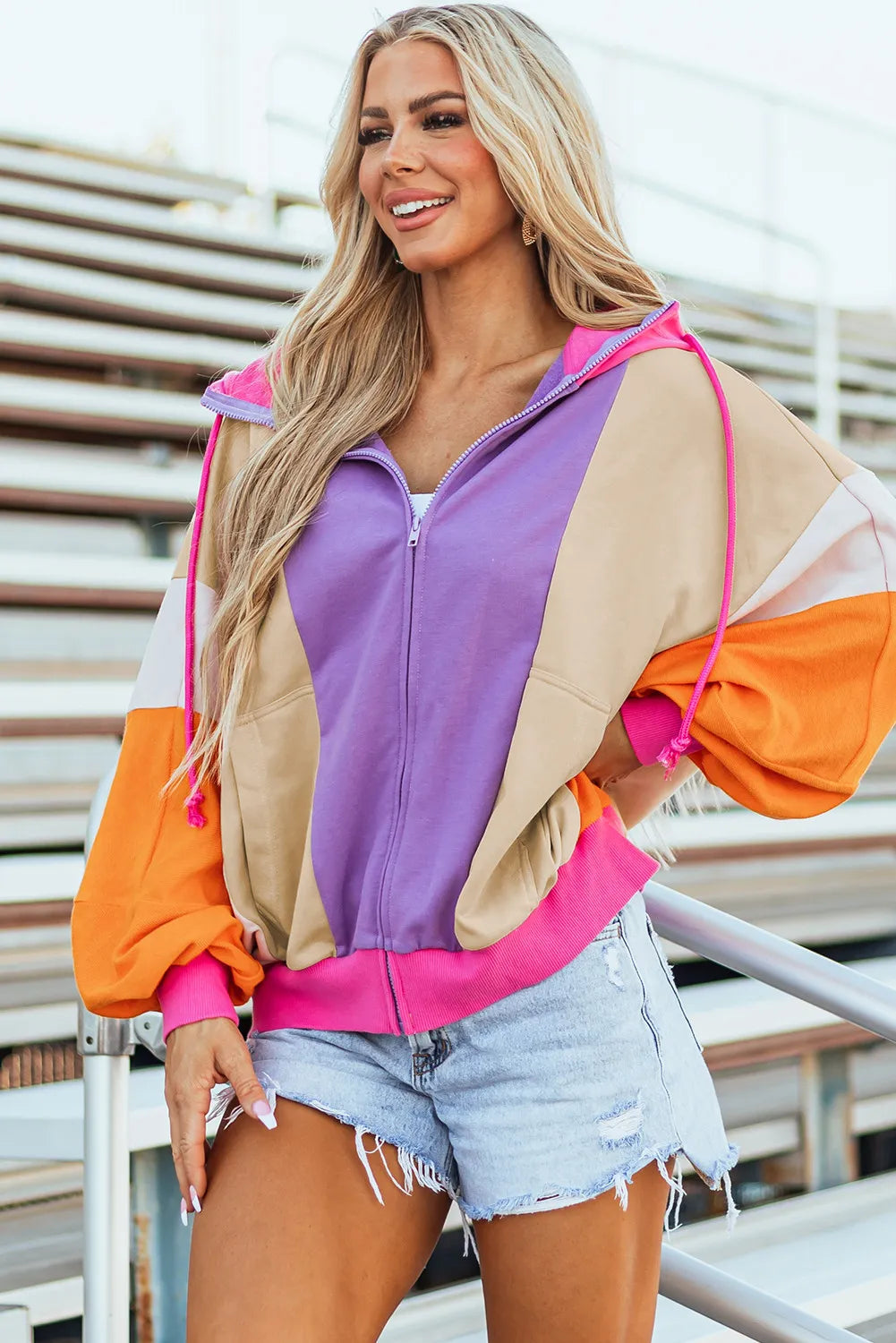 Color Block Zip Up Long Sleeve Hoodie