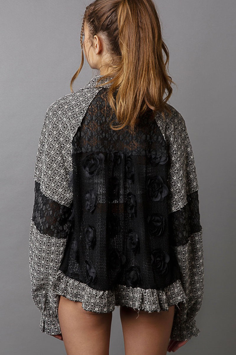 Flower Pearl Detail Lace Patchwork Shirt