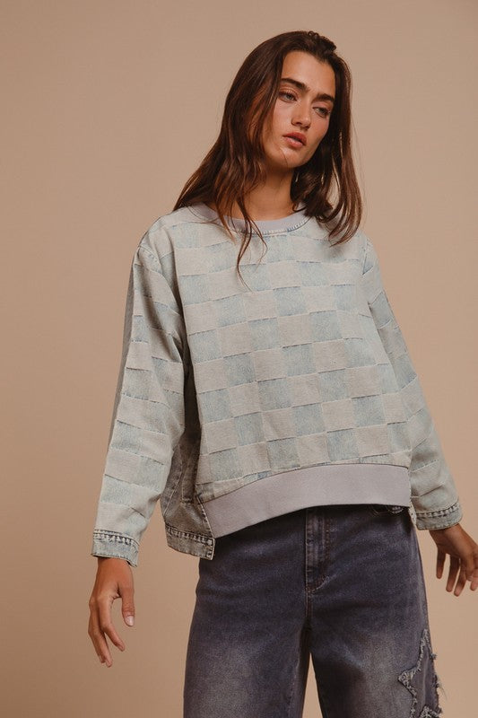 Washed Checkered Round Neck Denim Top