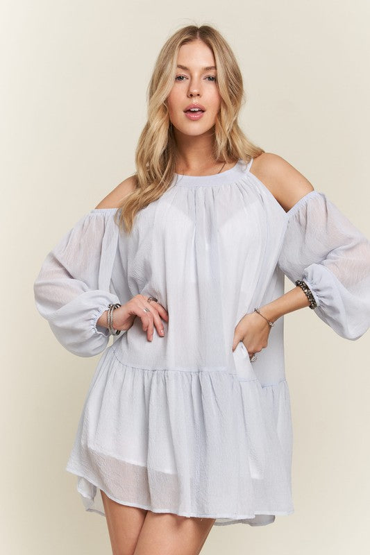 Cold Shoulder Balloon Sleeve Mini Dress