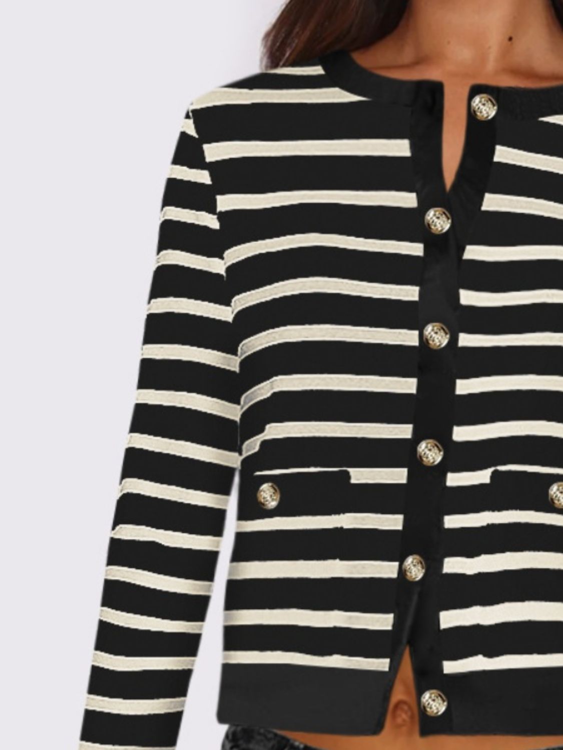 Striped Round Neck Button Up Cardigan