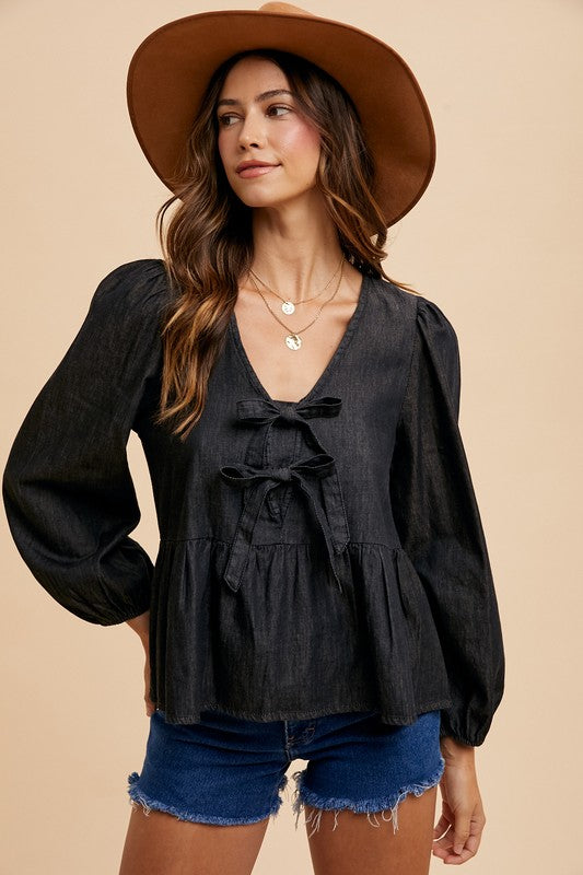 Tie Front Peplum Denim Top