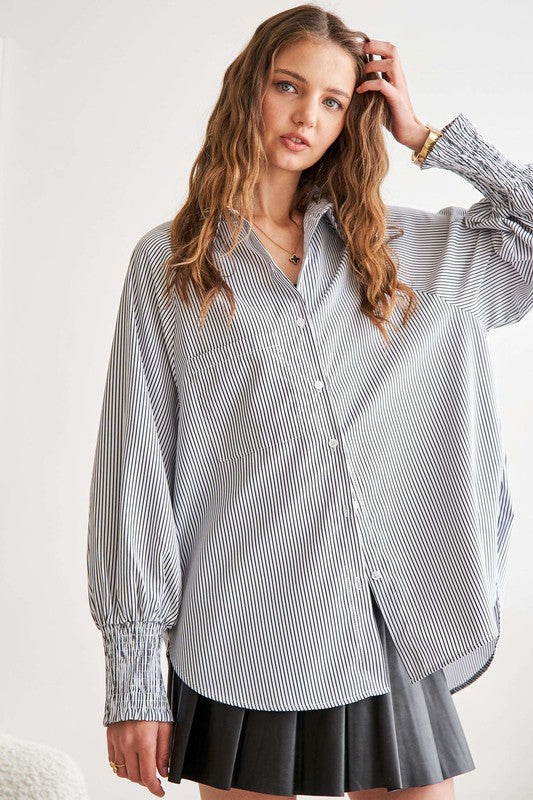 Striped Button Down  Lantern Sleeve Shirt