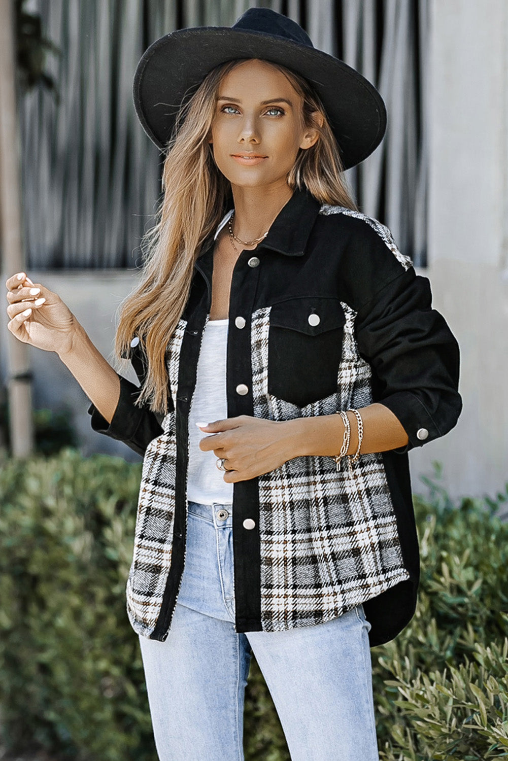 Plaid Button Up Denim Jacket