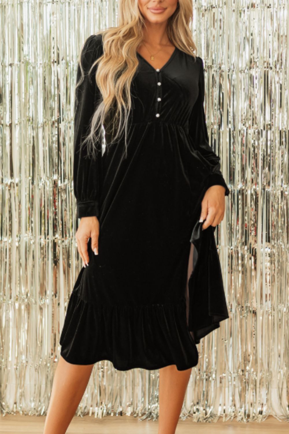 Ruffle Hem Slit Long Sleeve Dress