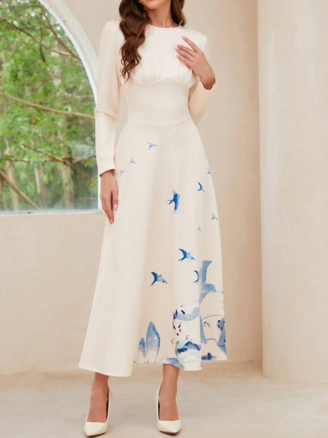 Round Neck Long Sleeve Midi Dress