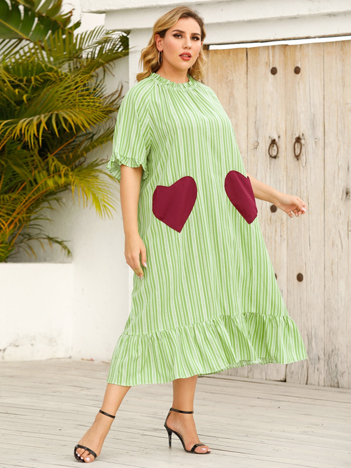 Frill Heart Striped Half Sleeve Dress