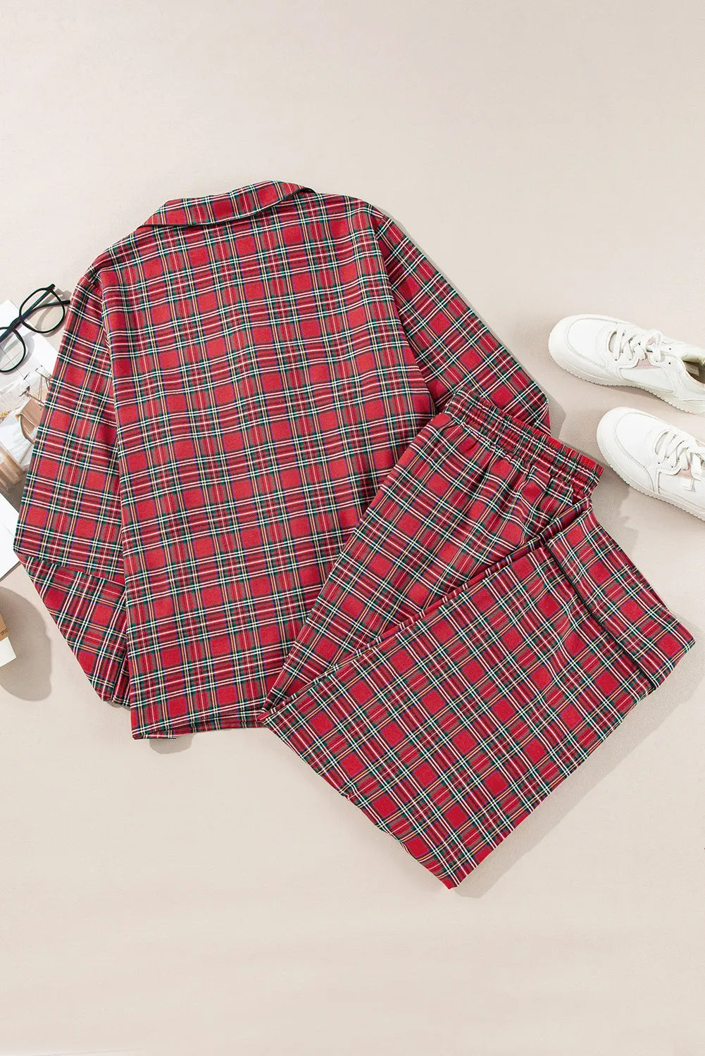 Plaid Collared Neck Top & Pants Lounge Set