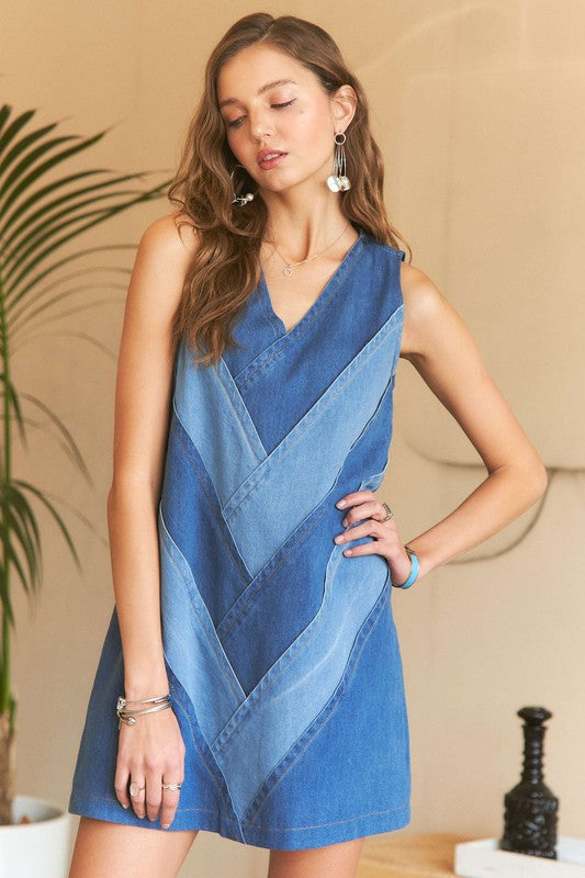 Chevron Color Block Denim Dress