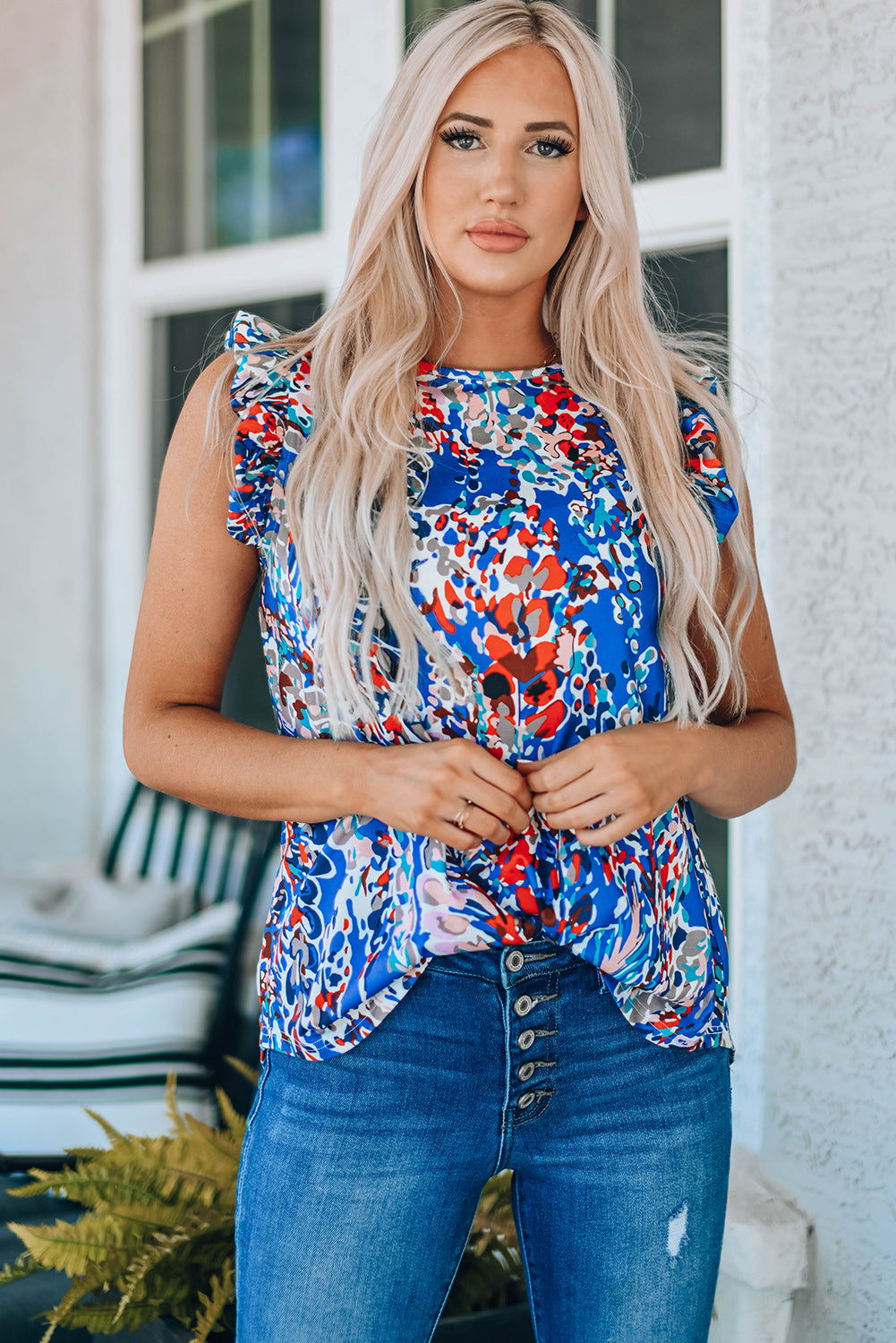 Abstract Ruffle Shoulder Top