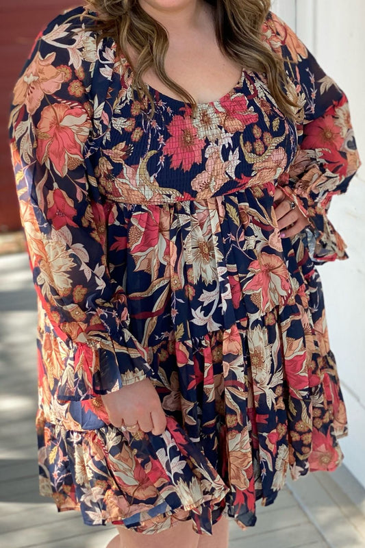 Smocked Printed Long Sleeve Dress