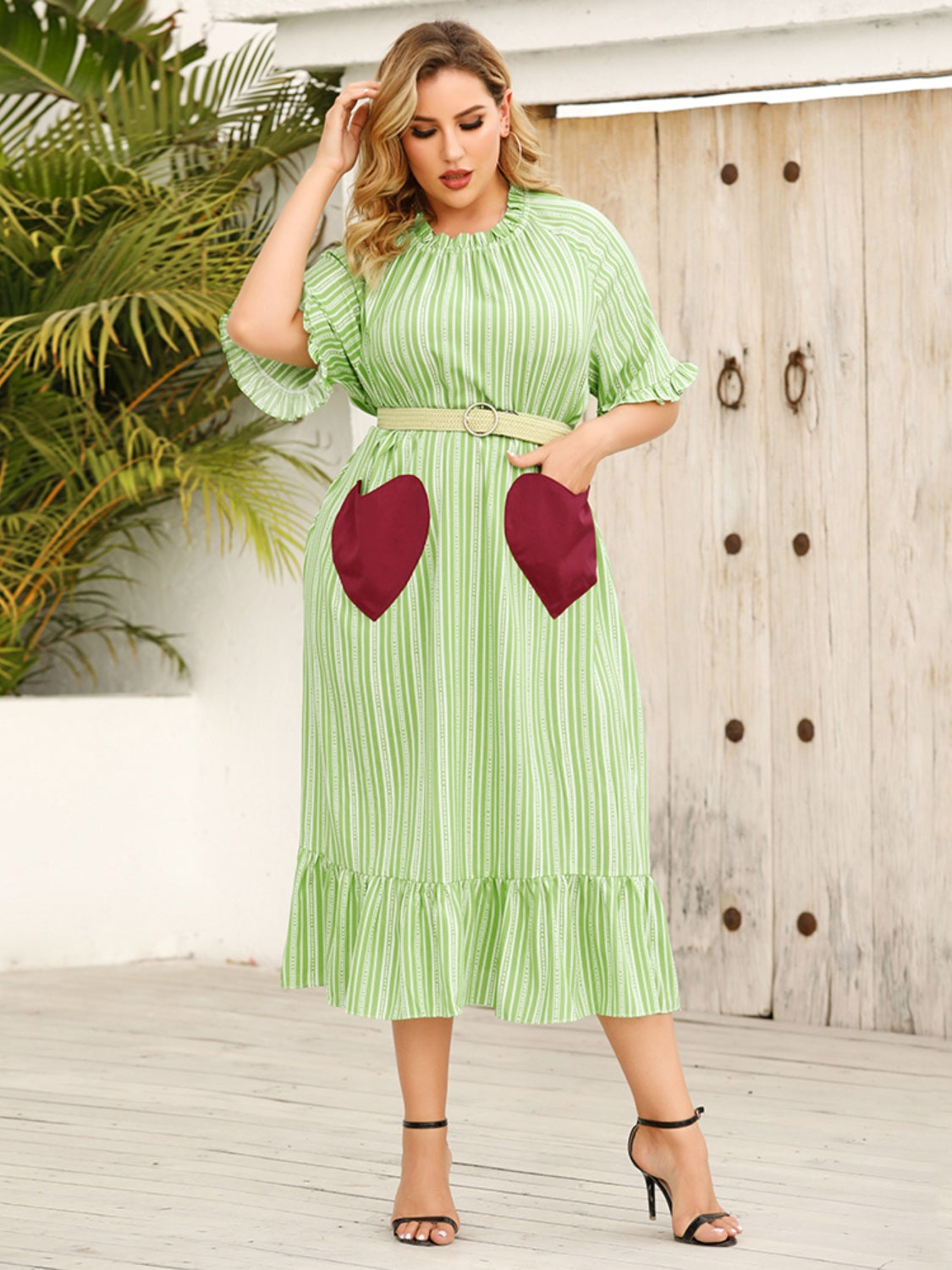 Frill Heart Striped Half Sleeve Dress