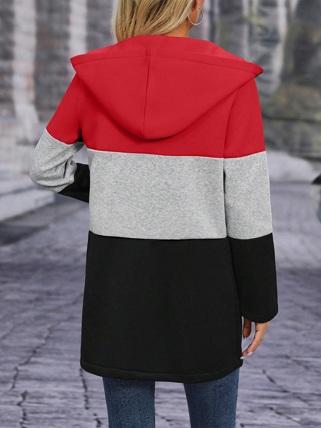 Color Block Zip Up Hooded Outerwear