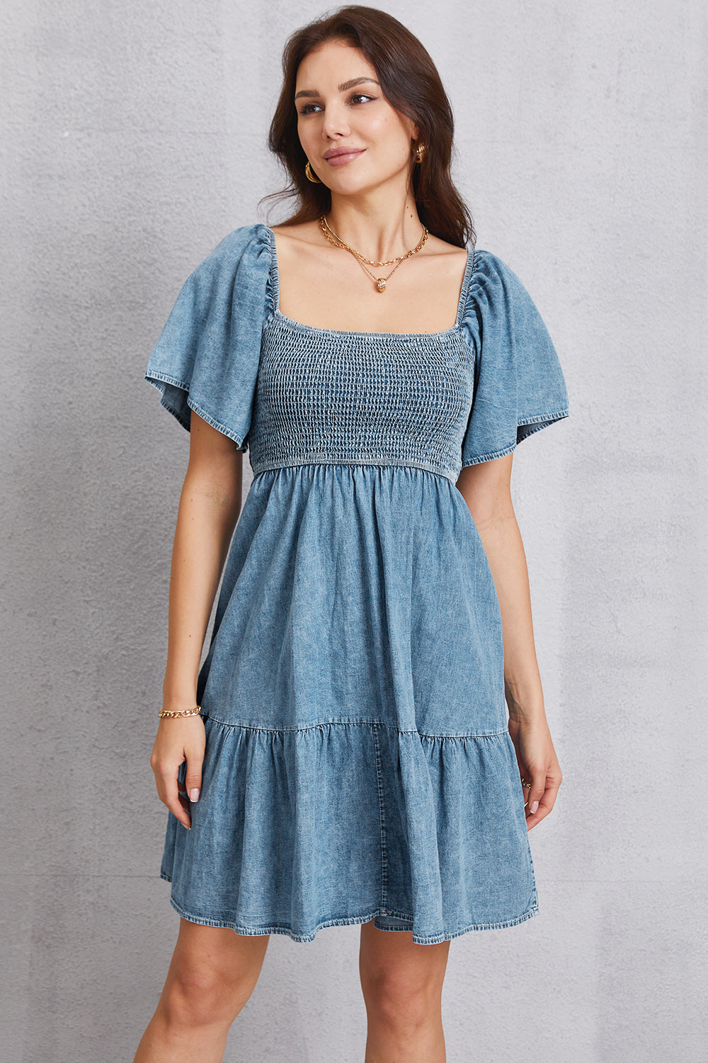 Square Neck Mini Denim Dress