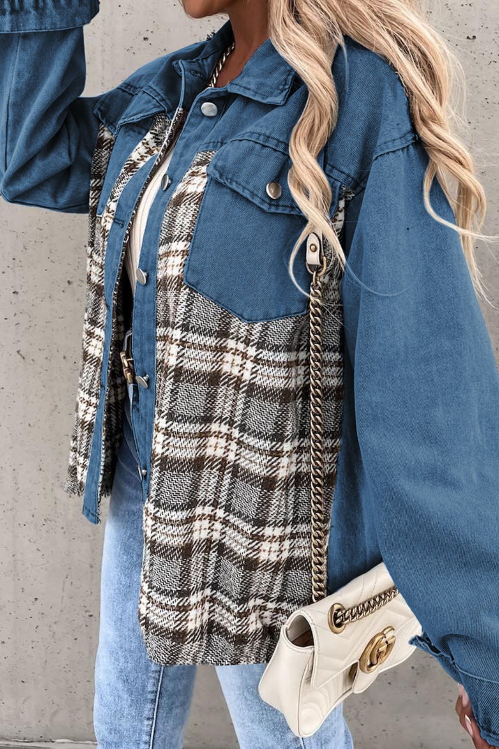 Plaid Button Up Denim Jacket