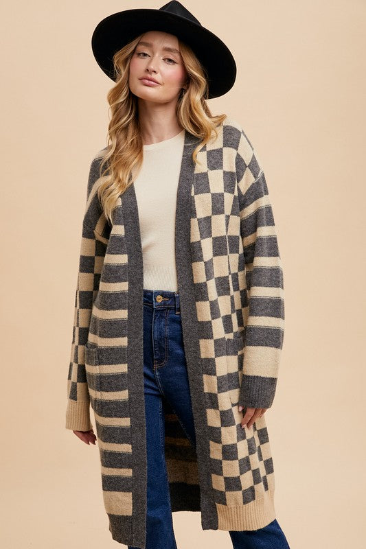 Checkered & Striped  Long Sleeve Cardigan