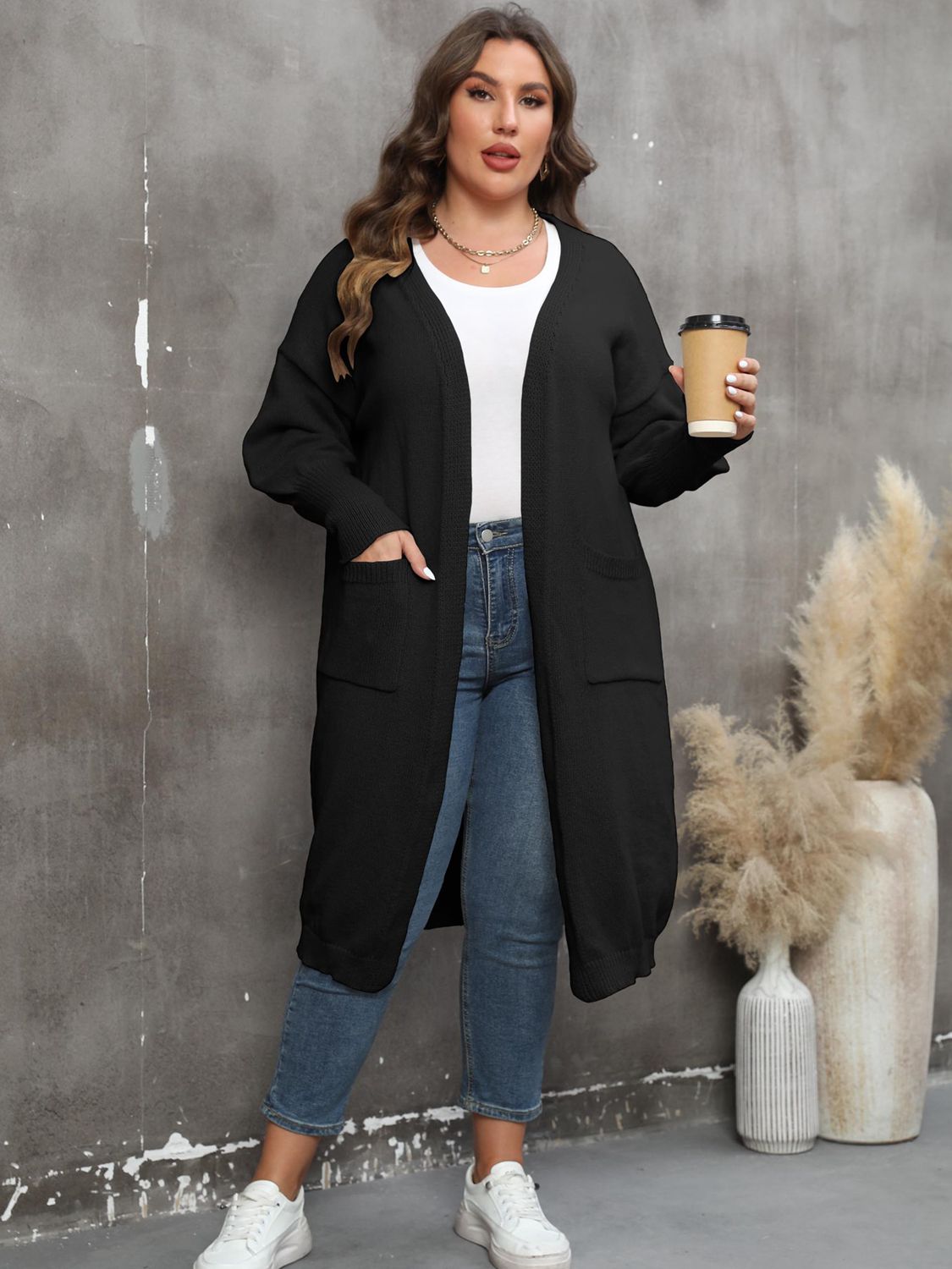 Plus Size Pocketed Cardigan