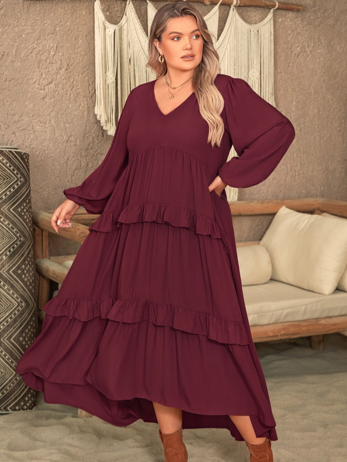 Ruffled V-Neck Long Sleeve Dress