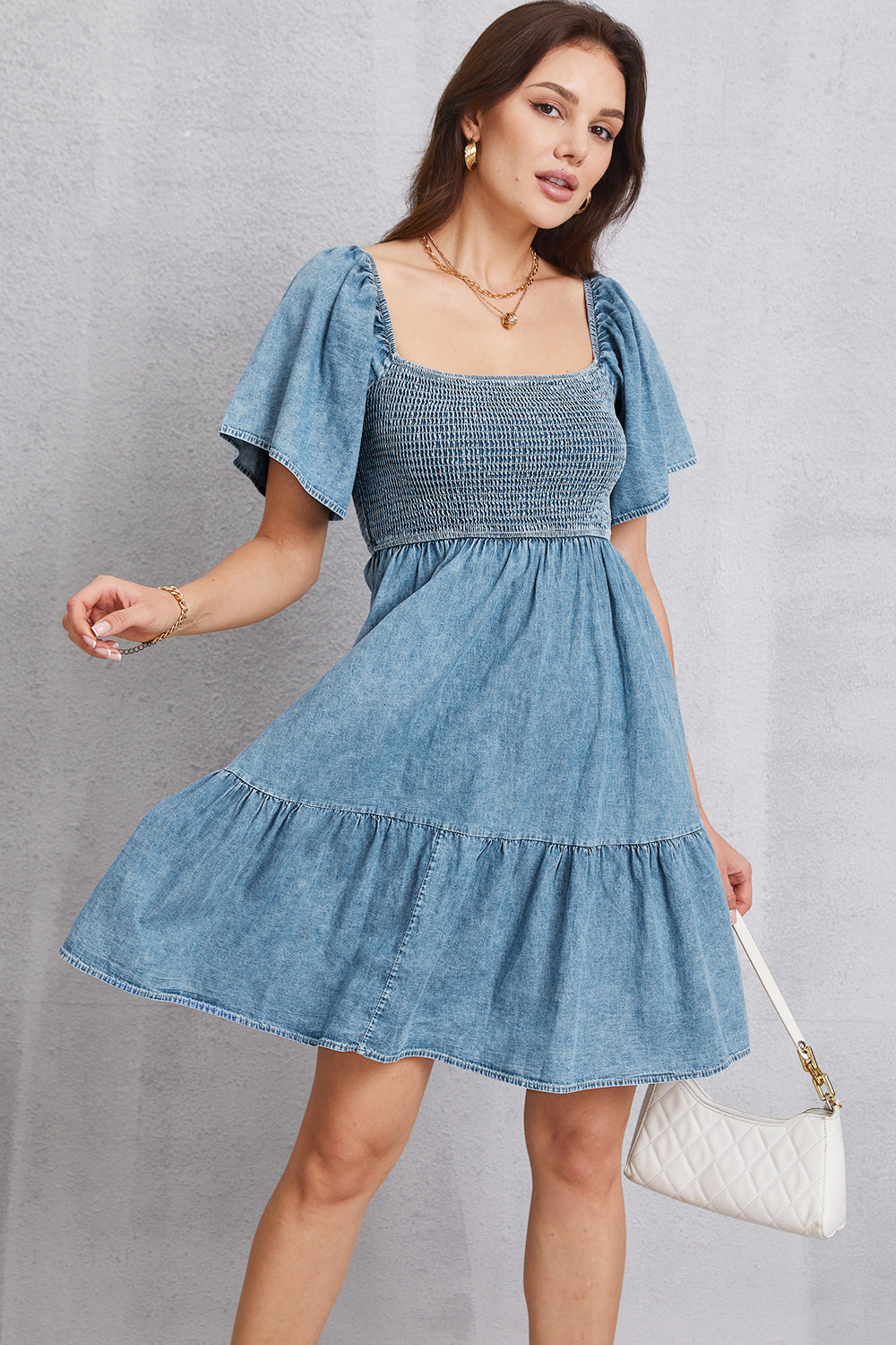 Square Neck Mini Denim Dress