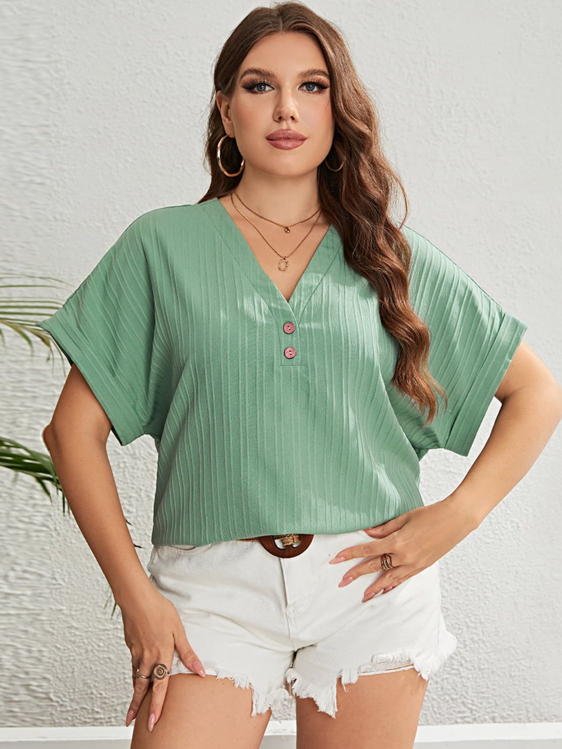 Buttoned V-Neck Short Sleeve Top