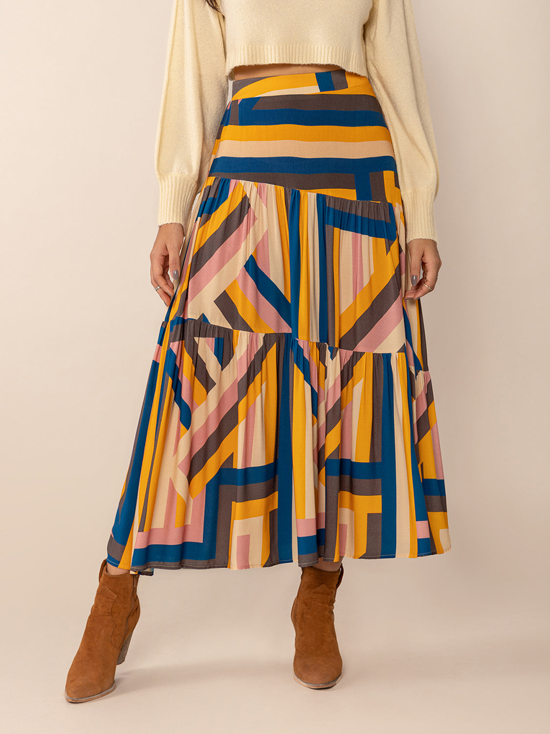 Waist Contrast Midi Skirt