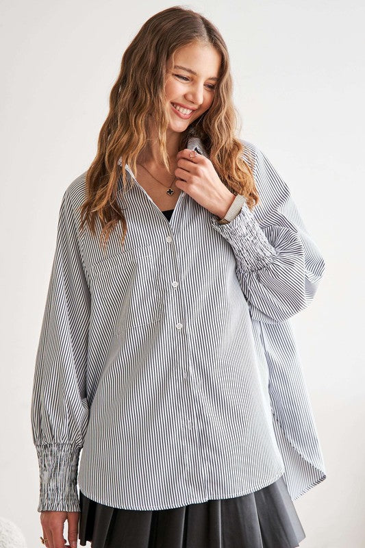 Striped Button Down  Lantern Sleeve Shirt