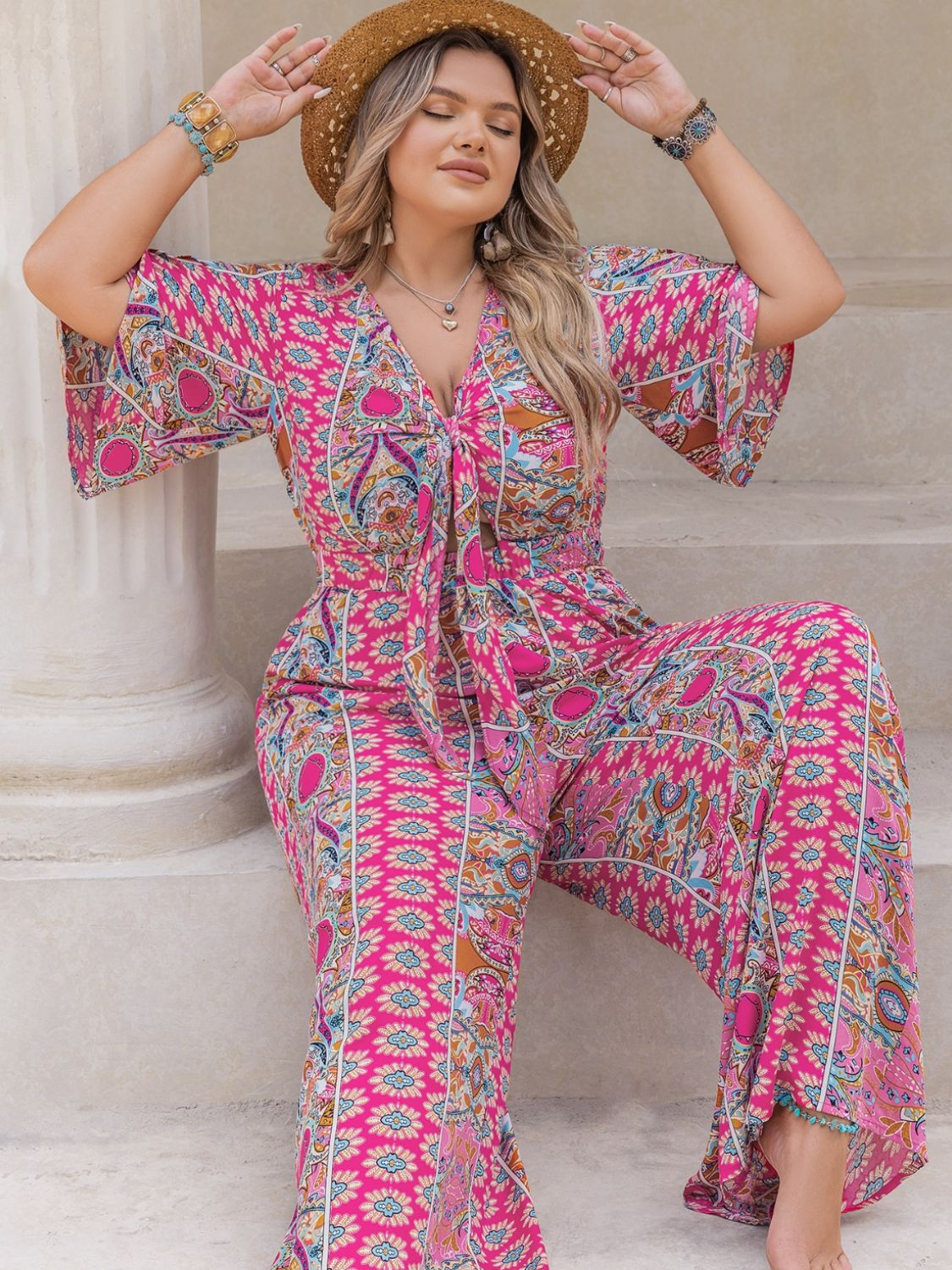 Half Sleeve Wide Leg Jumpsuit