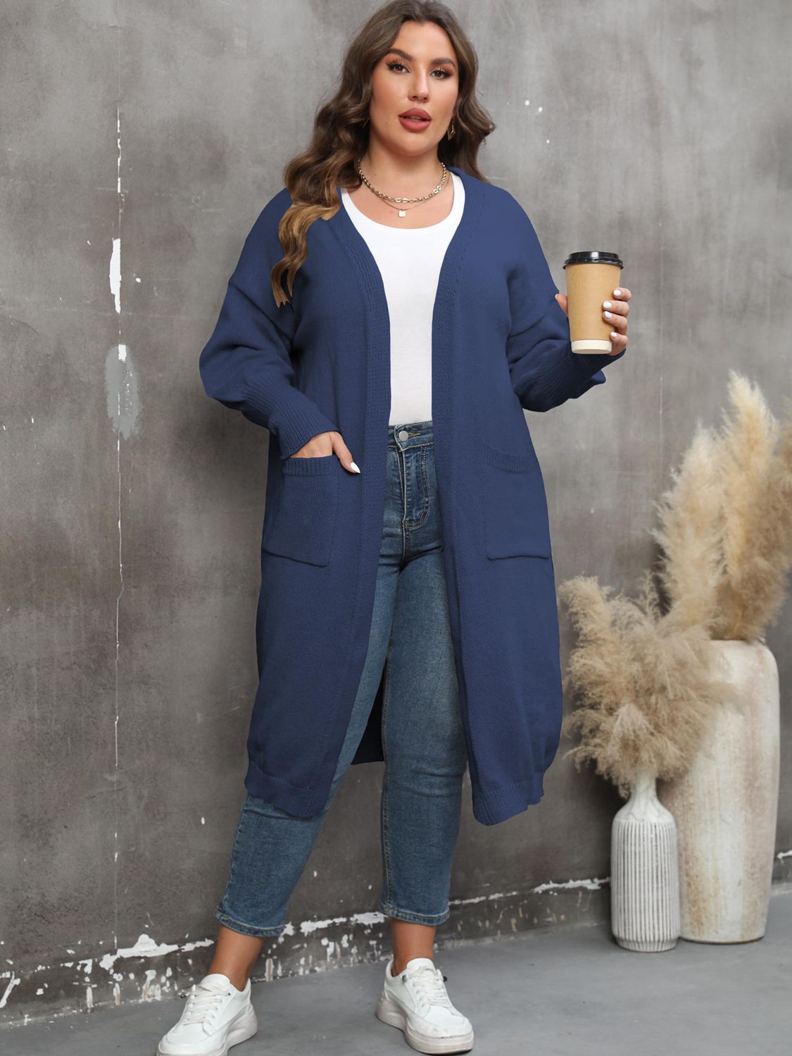 Plus Size Pocketed Cardigan