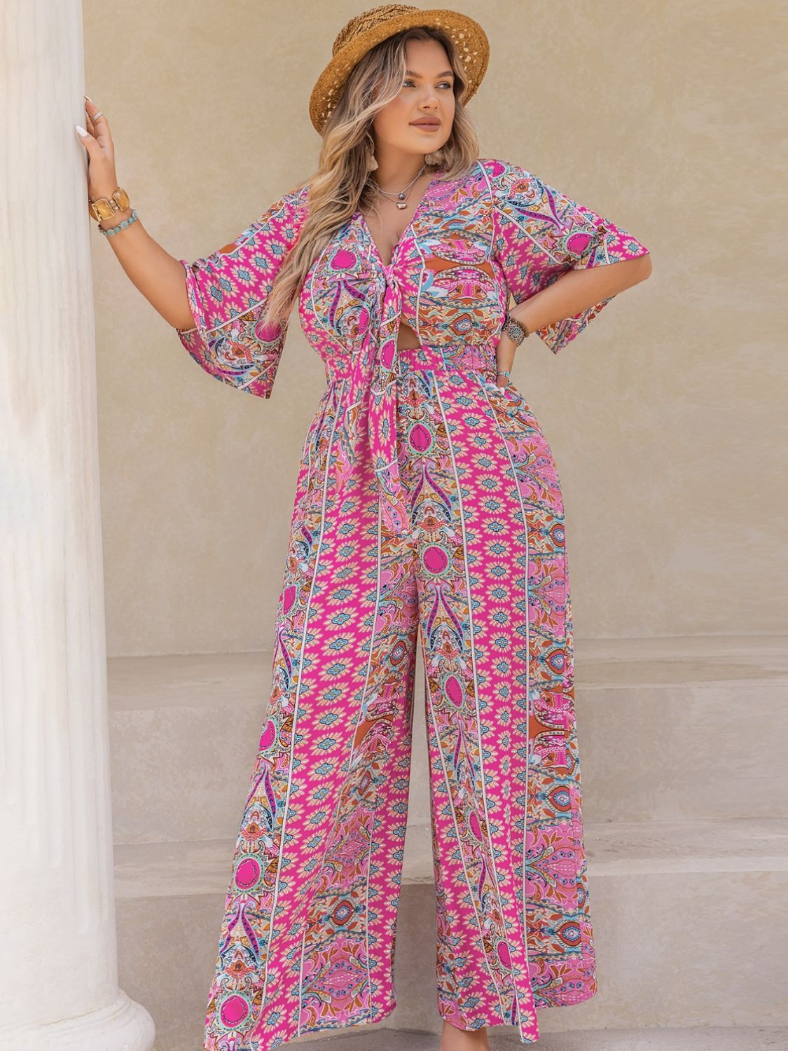 Half Sleeve Wide Leg Jumpsuit