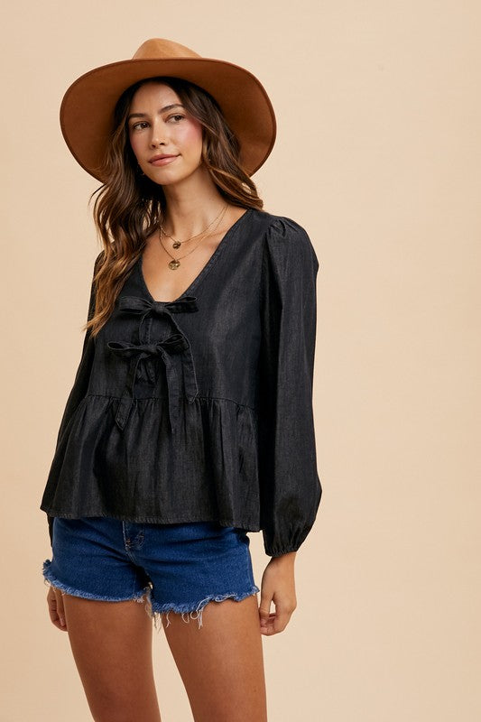 Tie Front Peplum Denim Top