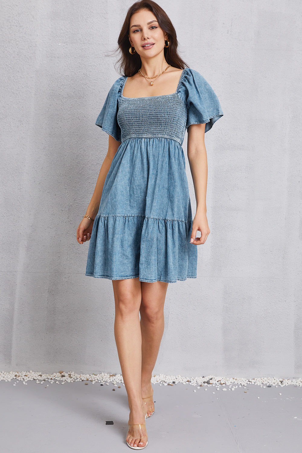 Square Neck Mini Denim Dress