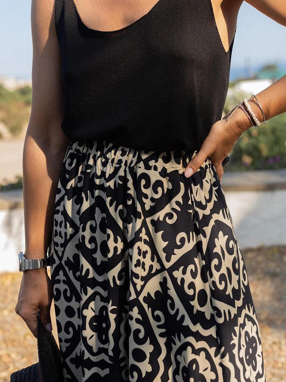 Elastic Waist Maxi Skirt