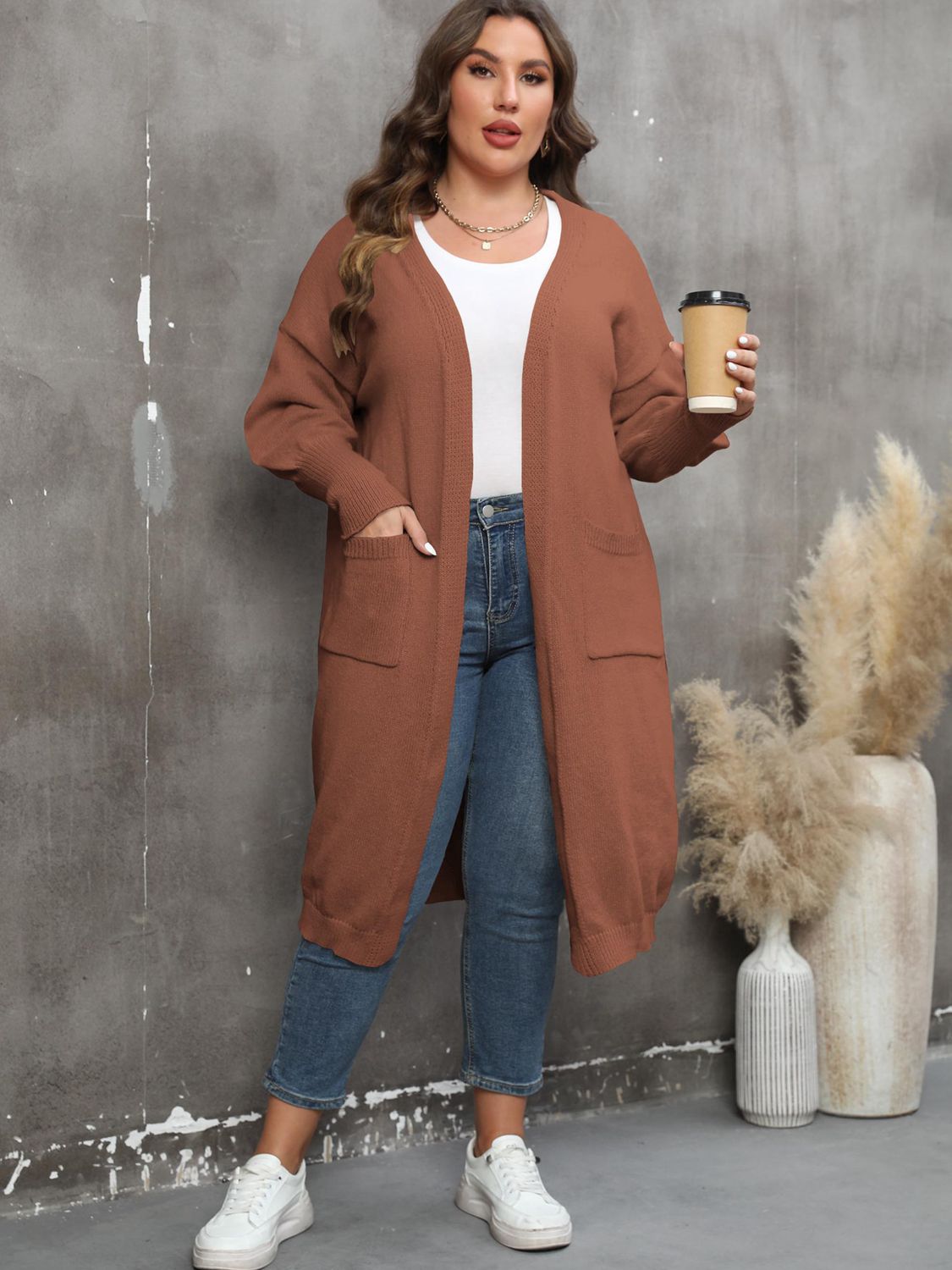 Plus Size Pocketed Cardigan