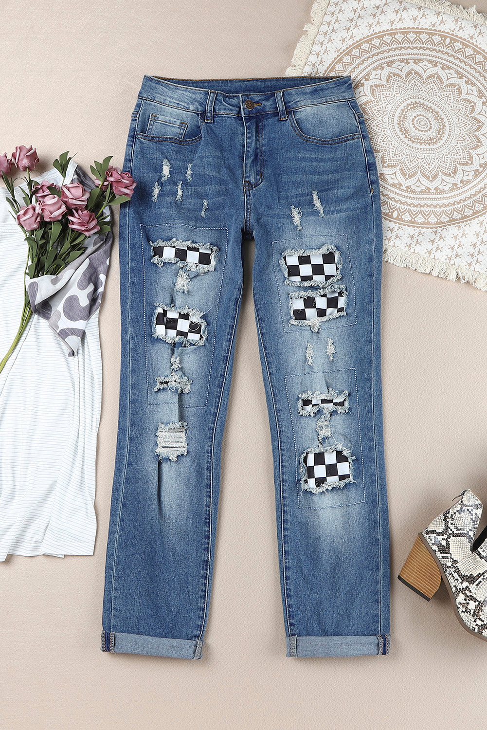 Mid Waist Distressed Jeans