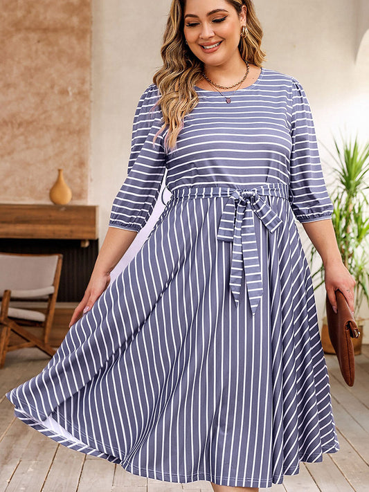 Round Neck Striped Tie Waist Dress