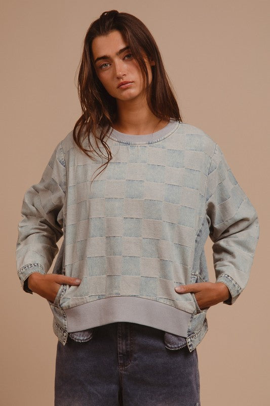 Washed Checkered Round Neck Denim Top