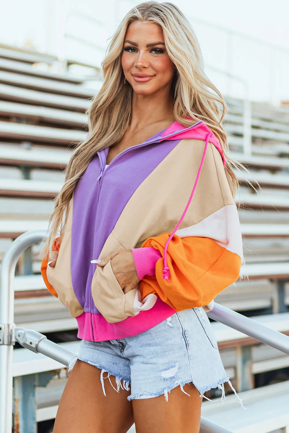 Color Block Zip Up Long Sleeve Hoodie