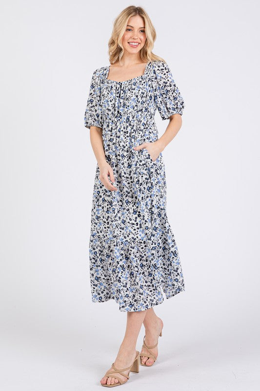 Floral Puff Sleeve Midi Dress