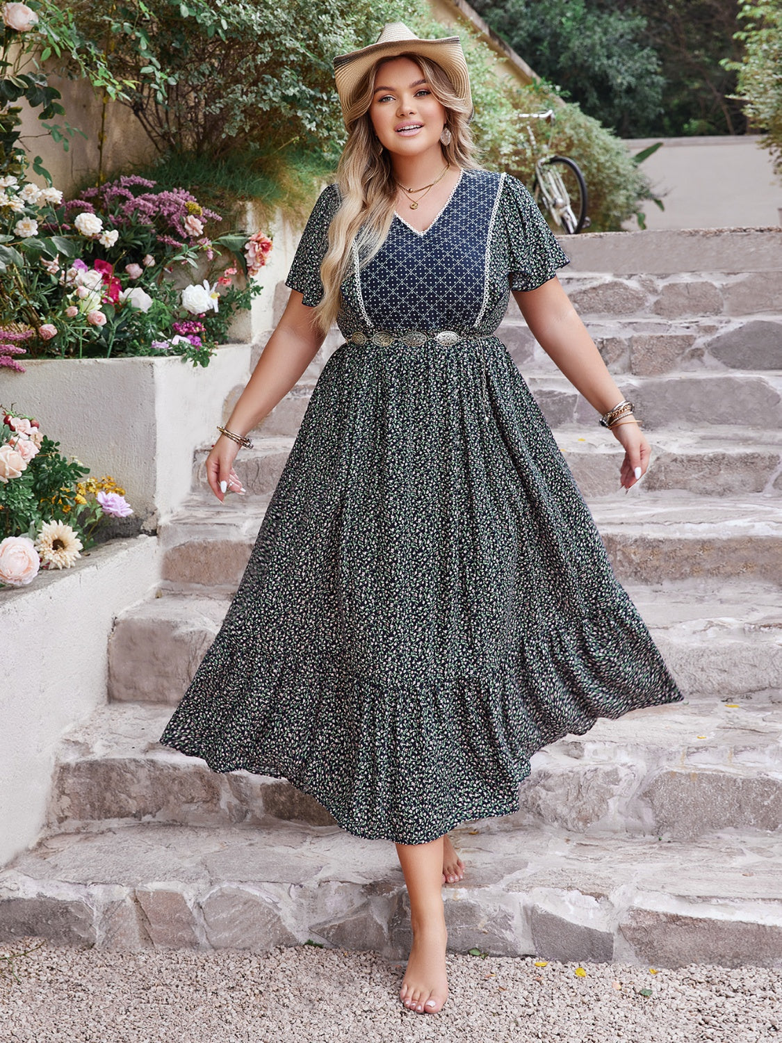 V-Neck Flutter Sleeve Midi Dress