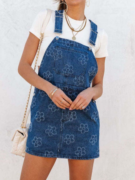 Flower Denim Overall Dress with Pockets