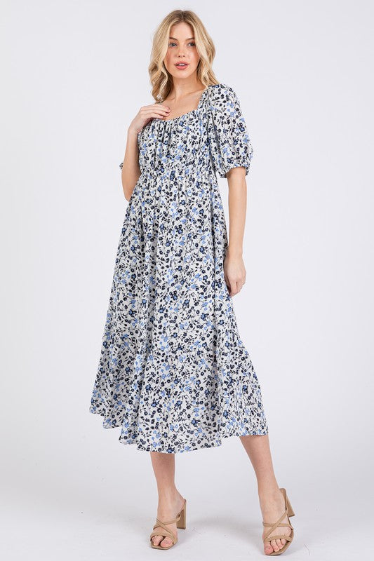 Floral Puff Sleeve Midi Dress