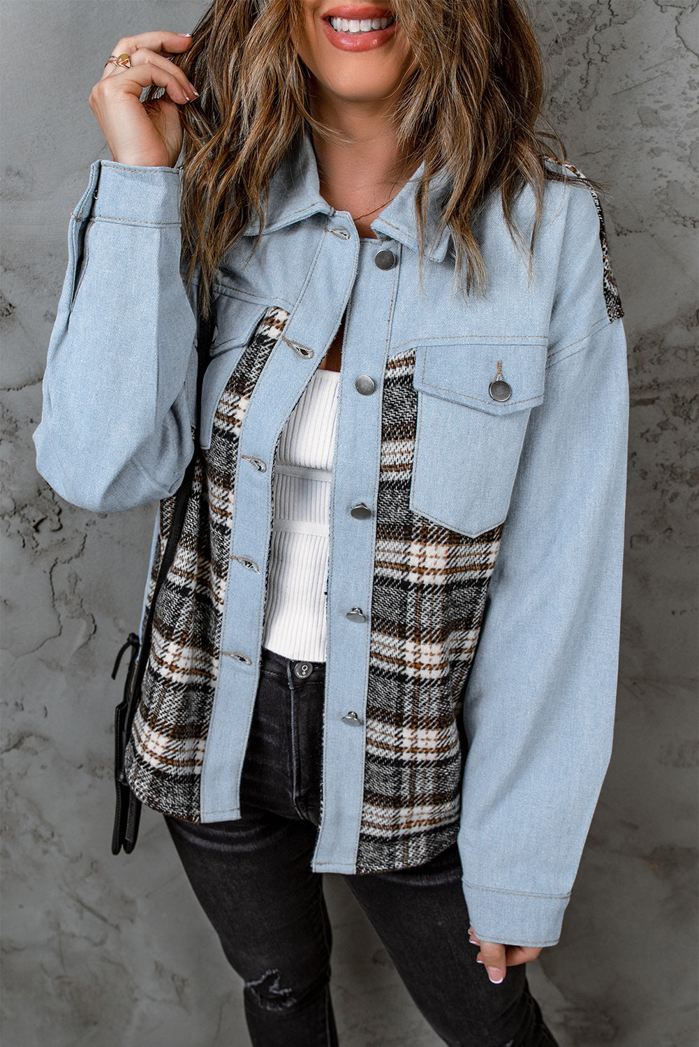 Plaid Button Up Denim Jacket