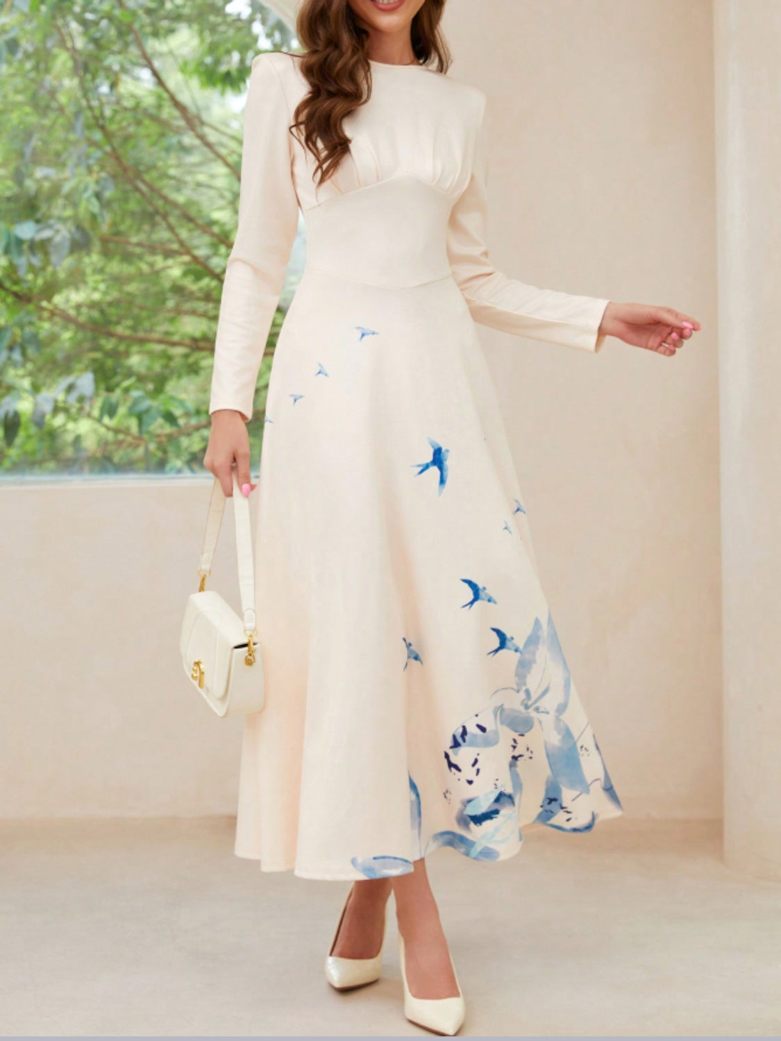 Round Neck Long Sleeve Midi Dress